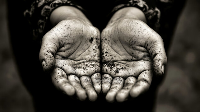 AI Generated:  Dusty Hands Cupped - A Monochromatic Study of Labor, Poverty, or Humility.  AI Art showcasing detail and texture in a poignant composition.