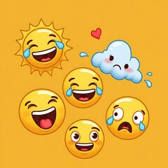 Playful emoji compilation featuring a happy sun, laughing faces, and a sad cloud against a bright yellow background.