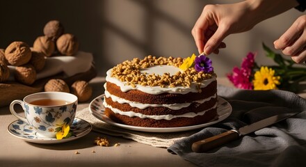 Carrot cake with floral topping and vintage tea set