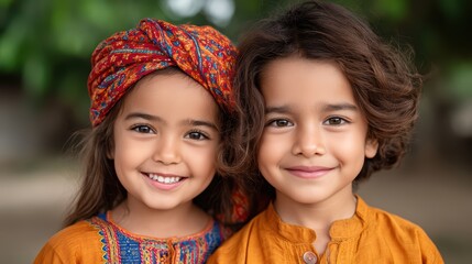 Two smiling children in colorful outfits, one wearing a traditional headwrap, showcasing friendship and joy in a natural outdoor setting