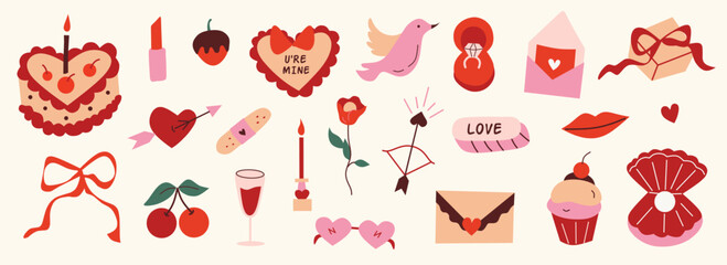 Set of hand drawn cute elements for Valentines day, wedding invitation, birthday card. Girly bows, hearts, ribbons, cherry, cake, rose, gift, strawberry. Vintage elegant coquette vector illustration.