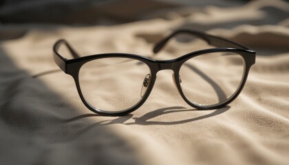 Black-framed Glasses Resting on Beige Fabric, Sunlit Shadow Play