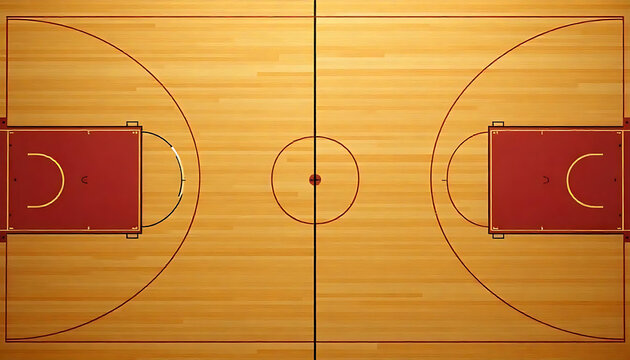 A top down view of a basketball court showing the free throw lanes and center court circle and lines
