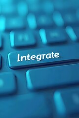 A close-up shot of a keyboard with the word Integrate highlighted, vertical composition. The teal color palette and soft focus create a modern, technological feel.