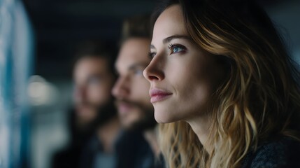 A team of professionals collaborating with an interface on a large screen in a modern office setting