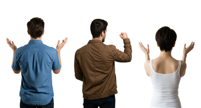 Rear view of three people with hands raised against a transparent background. Two men and a woman gesturing in protest, prayer, or worship.