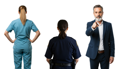 Businessman pointing finger at camera with a nurse and police officer. Concept of accusation, recruitment, choice, and public service.