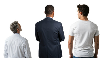 Three diverse men from behind, an older doctor, a Black businessman, and a young man, looking forward. Concept of different generations and professions.