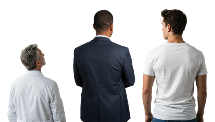 Three diverse men from behind, an older doctor, a Black businessman, and a young man, looking forward. Concept of different generations and professions.