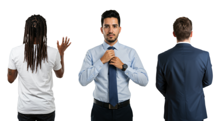 A diverse group of three men on a transparent background. A professional man in the center adjusts his tie, while two others are seen from the back.