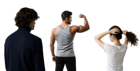 Rear view of three diverse people isolated on a transparent background. A muscular man flexing his bicep, a woman tying her hair, and a man in a turtleneck.