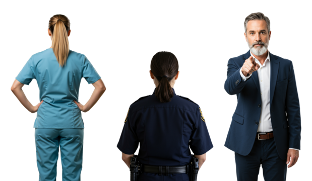Businessman pointing finger at camera with a nurse and police officer. Concept of accusation, recruitment, choice, and public service.