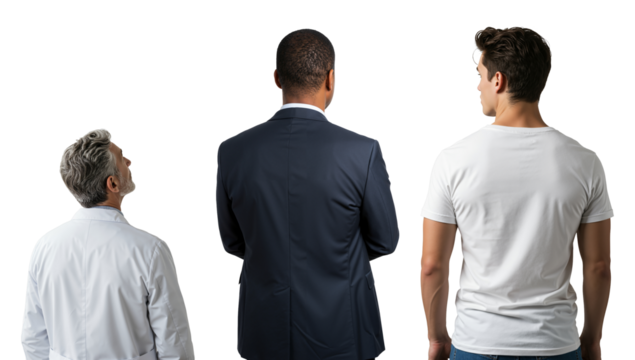 Three diverse men from behind, an older doctor, a Black businessman, and a young man, looking forward. Concept of different generations and professions.