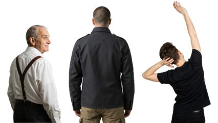 Three men representing different stages of life. Senior man smiling, adult man from behind, and a young man stretching on a transparent background.