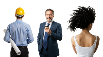 Diverse group of professionals including an engineer with blueprints, a middle-aged businessman with coffee, and a woman with curly hair. Concept of workforce and careers.