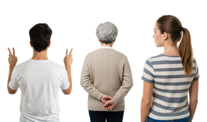 Rear view of three people from different generations standing together. A young man, an older woman, and a young woman against a transparent background.