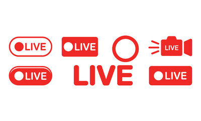 Red Live Streaming Badges with Camera Icons on White Transparent Background