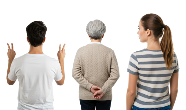 Rear view of three people from different generations standing together. A young man, an older woman, and a young woman against a transparent background.