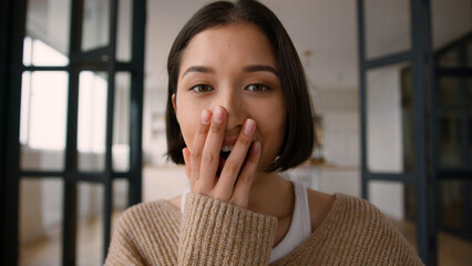 POV webcam point of view female girl addict influencer Caucasian smiling woman happy surprised read...