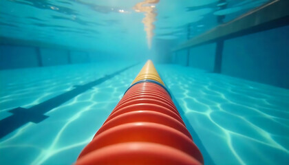 Underwater view of a swimming pool lane divider with swimmer in the distance and blue tiled walls