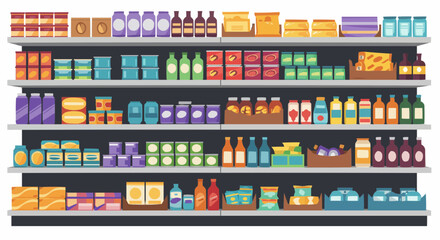 Grocery Store Shelf With Various Food Products Neatly Arranged.