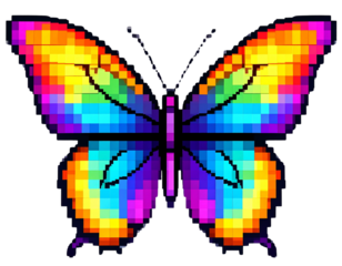 Pixelated Butterfly with Rainbow Wings in Retro 8-Bit Style Isolated on Transparent Background PNG