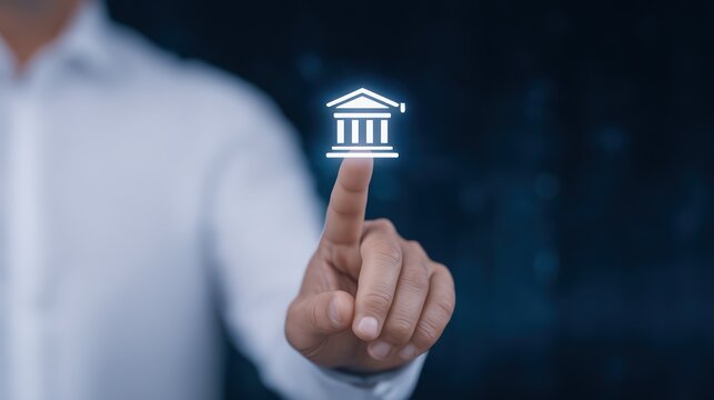 Businessman Touching Virtual Icon of Government Building Representing Finance and Banking Sector Concept