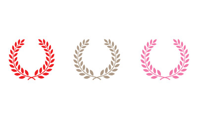 Three decorative laurel wreaths in red, brown, and pink on a white background