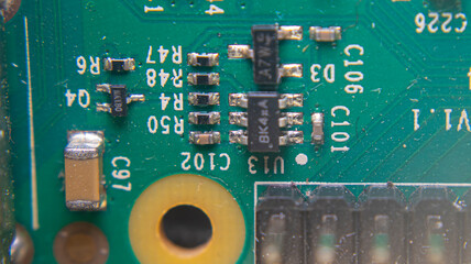 Close-up image of a Raspberry Pi electronic circuit board showing components, GPIO pins, and wiring...