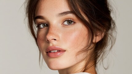 Obraz premium Portrait of a Young Woman with Natural Makeup and Soft Expression