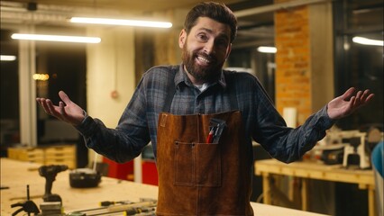 Confused Caucasian wood master man shrugging shoulders doubt gesture in workshop small business...