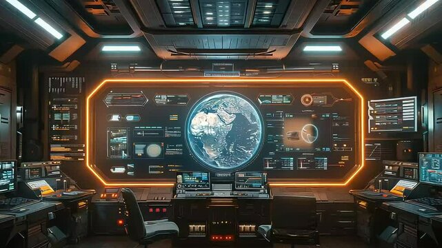 futuristic command center with illuminated holographic interface and advanced control panel footage