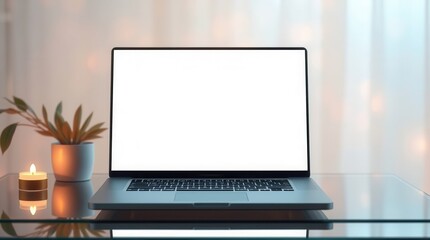 Fototapeta premium Laptop with blank screen on a glass desk, accented by a candle and a plant against a soft background.