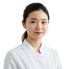 Portrait of a Young Asian Female Medical Professional Wearing a White Lab Coat, Demonstrating Confidence and Compassion in a Clinical Setting