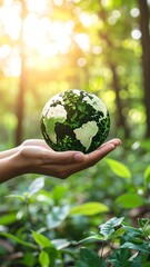 Protecting Our Planet Hands Holding a Green Earth Globe in a Lush Forest