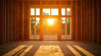 Interior view of a sunlit, under-construction home.