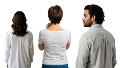 Rear view of two women and a side view of a man standing together. Diverse group concept on a transparent background.