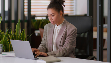 Serious ethnic woman African American girl businesswoman female employer broker agent lady business...