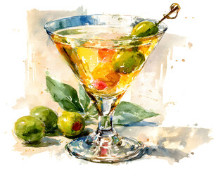 Watercolor illustration of a classic martini cocktail. Cocktail drink watercolor illustration on transparent background.