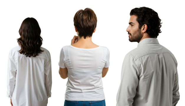Rear view of two women and a side view of a man standing together. Diverse group concept on a transparent background.