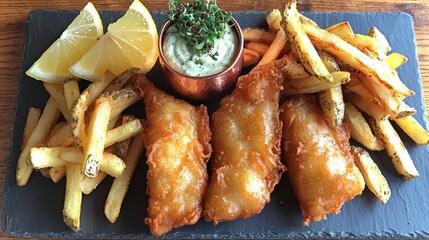 Plating technique of premium fish and chips on slate plate featuring beer-battered fish pieces, hand-cut potato fries, tartar sauce in copper container, fresh lemon and herb garnish