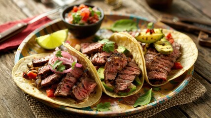 Marinated flank steak tacos with grilled vegetables and pickled onions served on colorful ceramic plate with lime wedges and fresh salsa