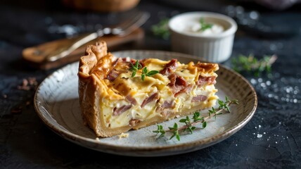 Quiche lorraine slice with golden crust and bacon filling on ceramic plate, garnished with fresh thyme on dark stone surface