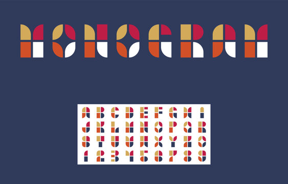 Bold Colorful Geometric Monogram Alphabet Typeface on Dark Blue Background