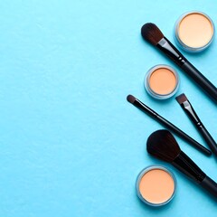 Makeup brushes and powder foundation on blue background beauty product cosmetic tools set up