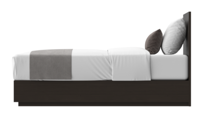 Side profile view of a modern single bed with a dark wood frame and layered white and grey bedding, isolated. 3D render.
