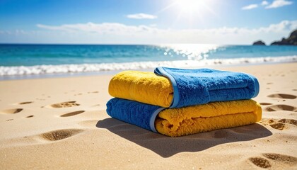 Bright yellow and blue towel on sand under morning sun, background — calm ocean and gentle waves.