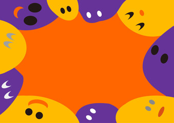 ハロウィン配色のフレーム・オレンジ色の背景、カラフルなお化けのシルエット・お化けの顔付き