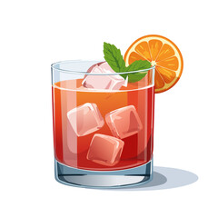 Illustration of a Negroni Cocktail with Ice and Orange Slice