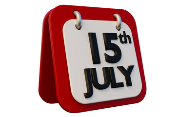 Red desk calendar July 15 is suitable for event planning, scheduling, time management, organization and productivity concepts in design projects. Turkish language July 15. 3D rendering